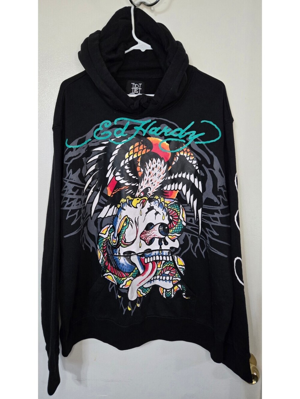 Ed Hardy XL Black Pullover Hoodie Eagle Skull Snake Graphic Tattoo Sweatshirt